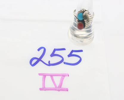 Navajo Ring 925 Sterling Natural Coral & Turquoise Signed BB C.80's Size 7.0