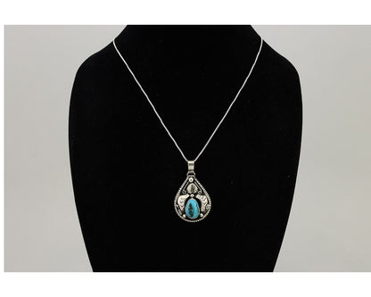 Navajo Handmade Pendant 925 Silver Turquoise Signed Tipi on Hill C.80's