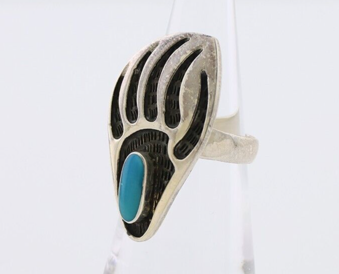 Navajo Badger Paw Ring 925 Silver Turquoise Native American Artist C.80's