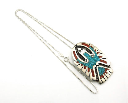 Navajo Phoenix Necklace Sterling Silver Turquoise & Coral Signed RP