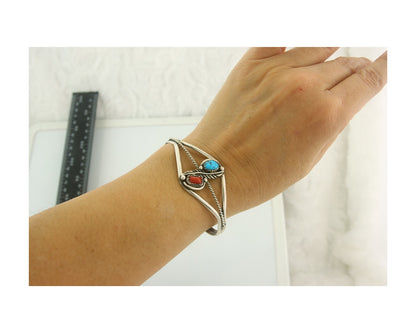 Navajo Bracelet 925 Silver Coral & Turquoise Cuff Signed Running Bear C.80's
