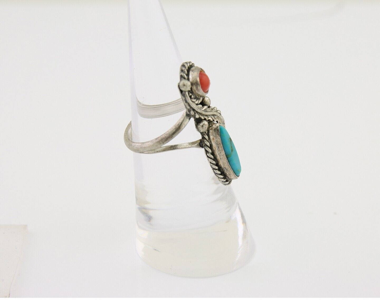 Navajo Handmade Ring 925 Silver Coral & Turquoise Native Artist C.80's