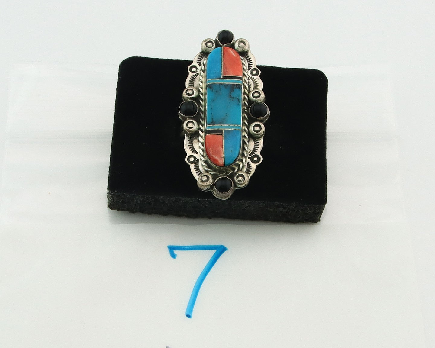 Navajo Tiwa Ring Sterling Silver Gemstone Vintage Signed Francis Size 8.25