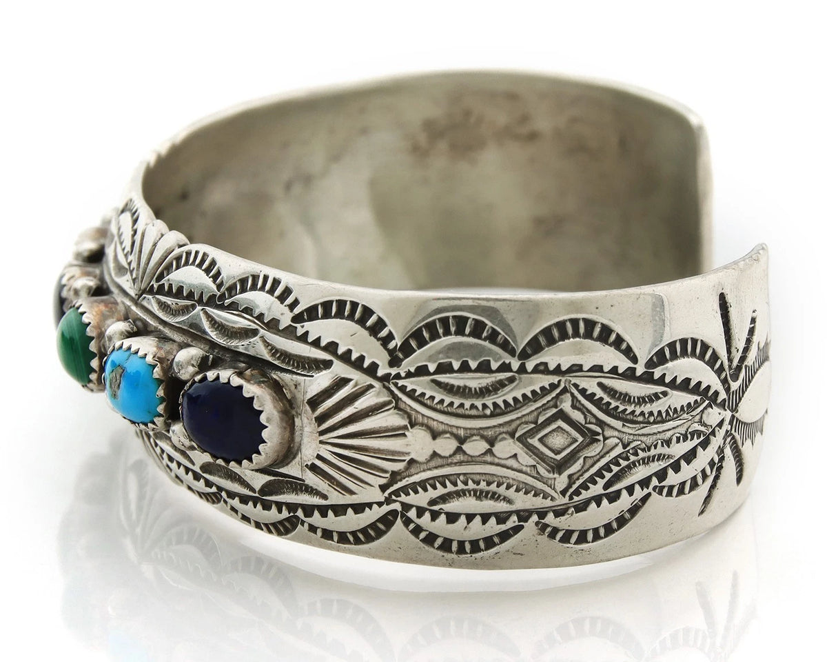 Navajo Cuff Bracelet Sterling Silver Natural Gemstone Vintage Signed WB