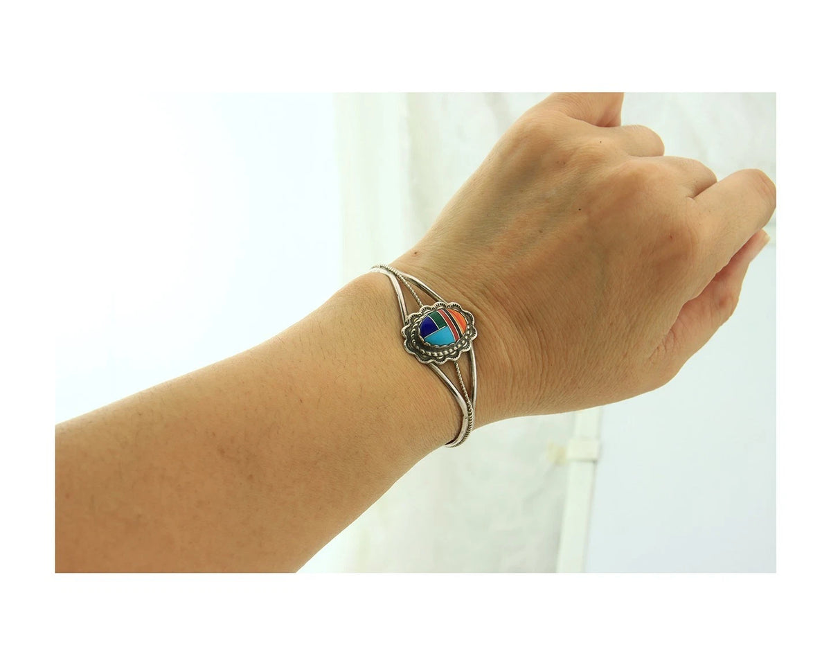 Navajo Cuff Bracelet 925 Sterling Silver Natural Gemstones Vintage