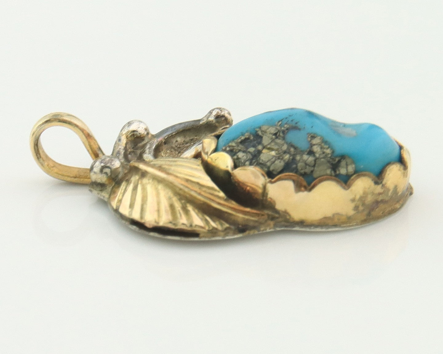 Navajo Pendant Sterling Silver & Gold Natural Blue Turquoise Signed Virginia C