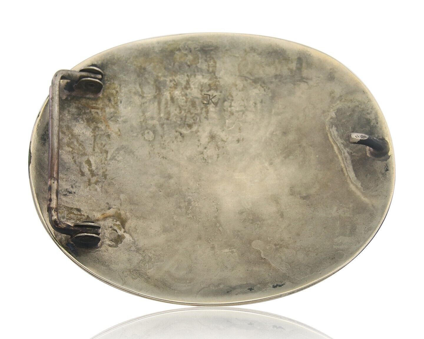 Navajo Belt Buckle .999 Nickel Buffalo Gemstone Signed Chee Keams 3x3.5 in C.80s