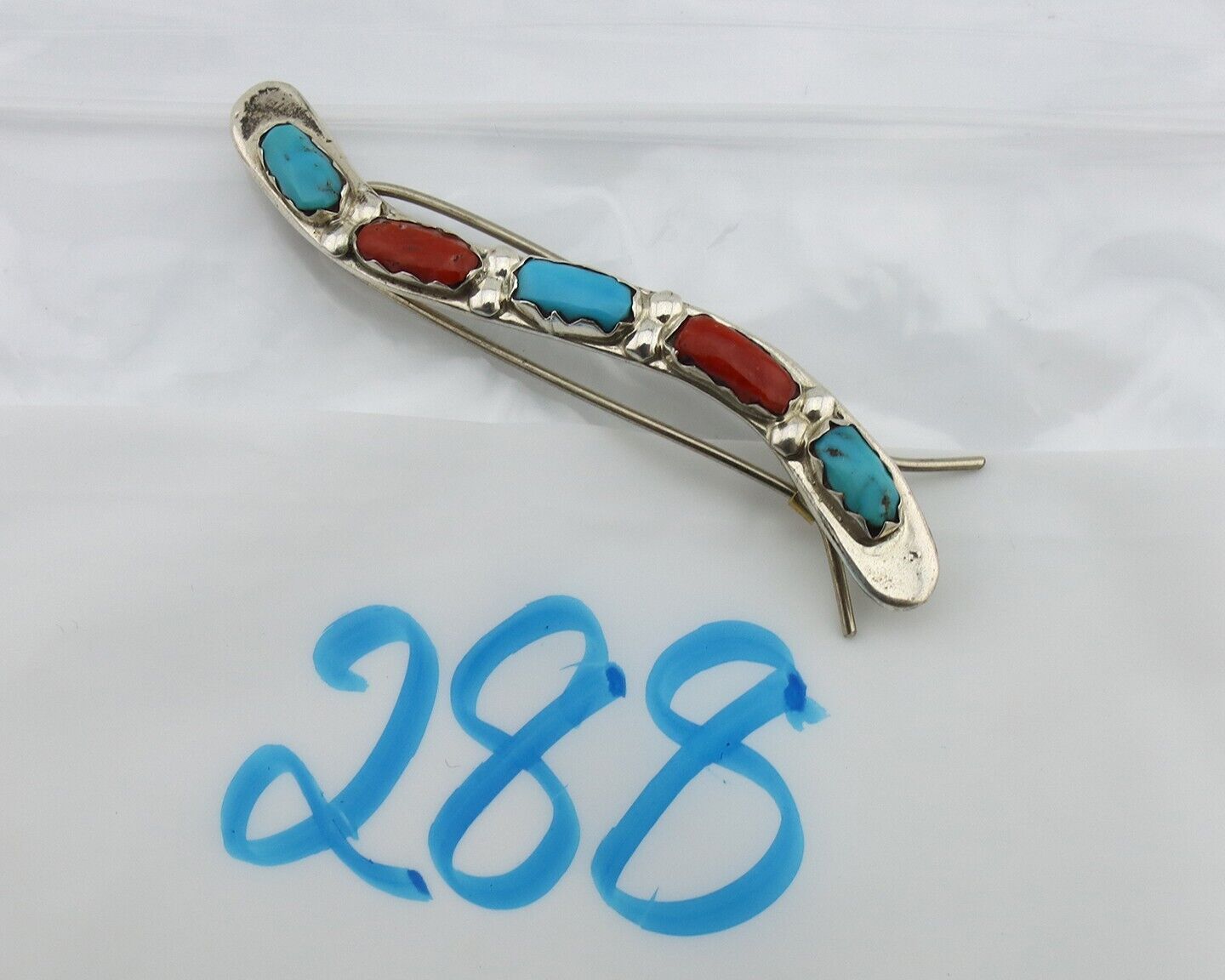 Women's Zuni Hair Clip Barrette 925 Silver Coral & Turquoise Signed B&N NASTACIO