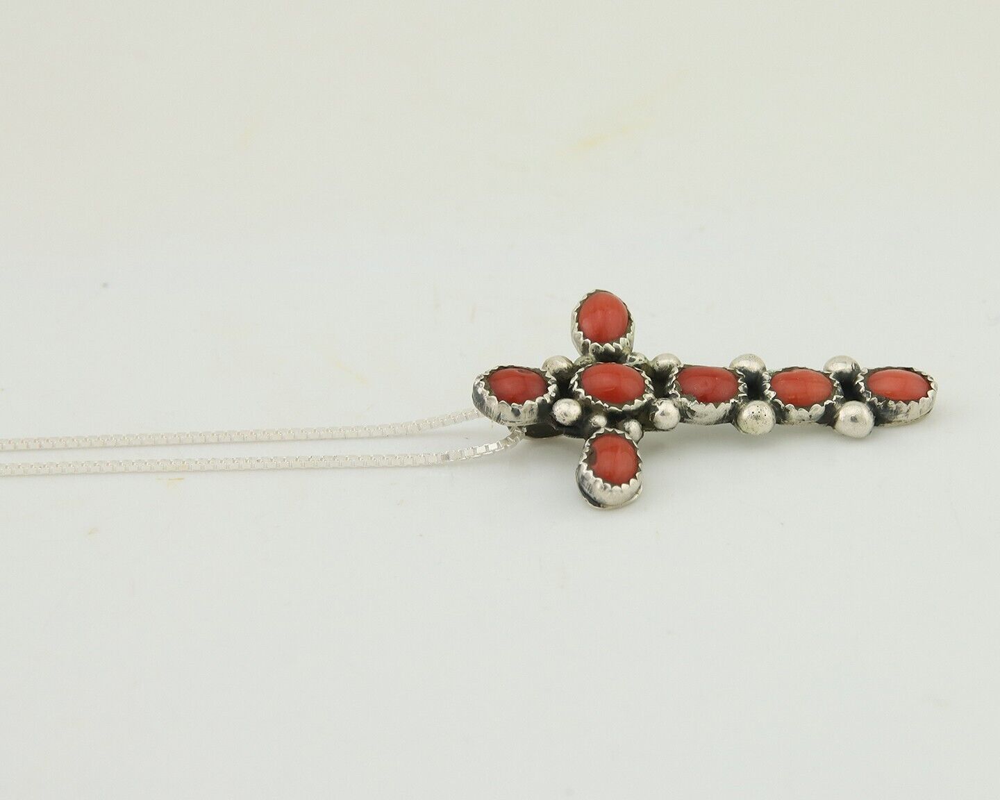 Navajo Cross Necklace 925 Silver Mediterranean Coral Native American Artist C80s