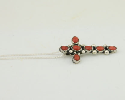 Navajo Cross Necklace 925 Silver Mediterranean Coral Native American Artist C80s