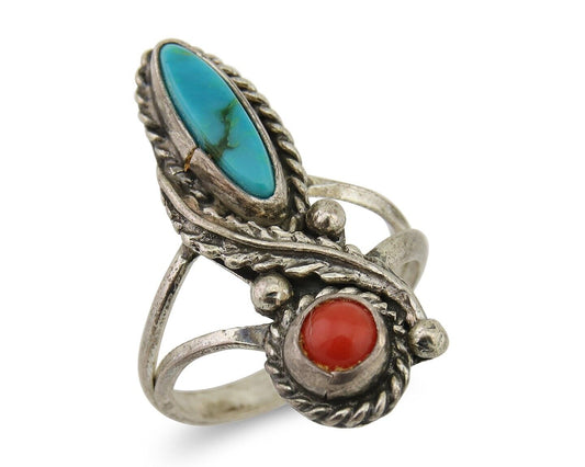 Navajo Handmade Ring 925 Silver Coral & Turquoise Native Artist C.80's