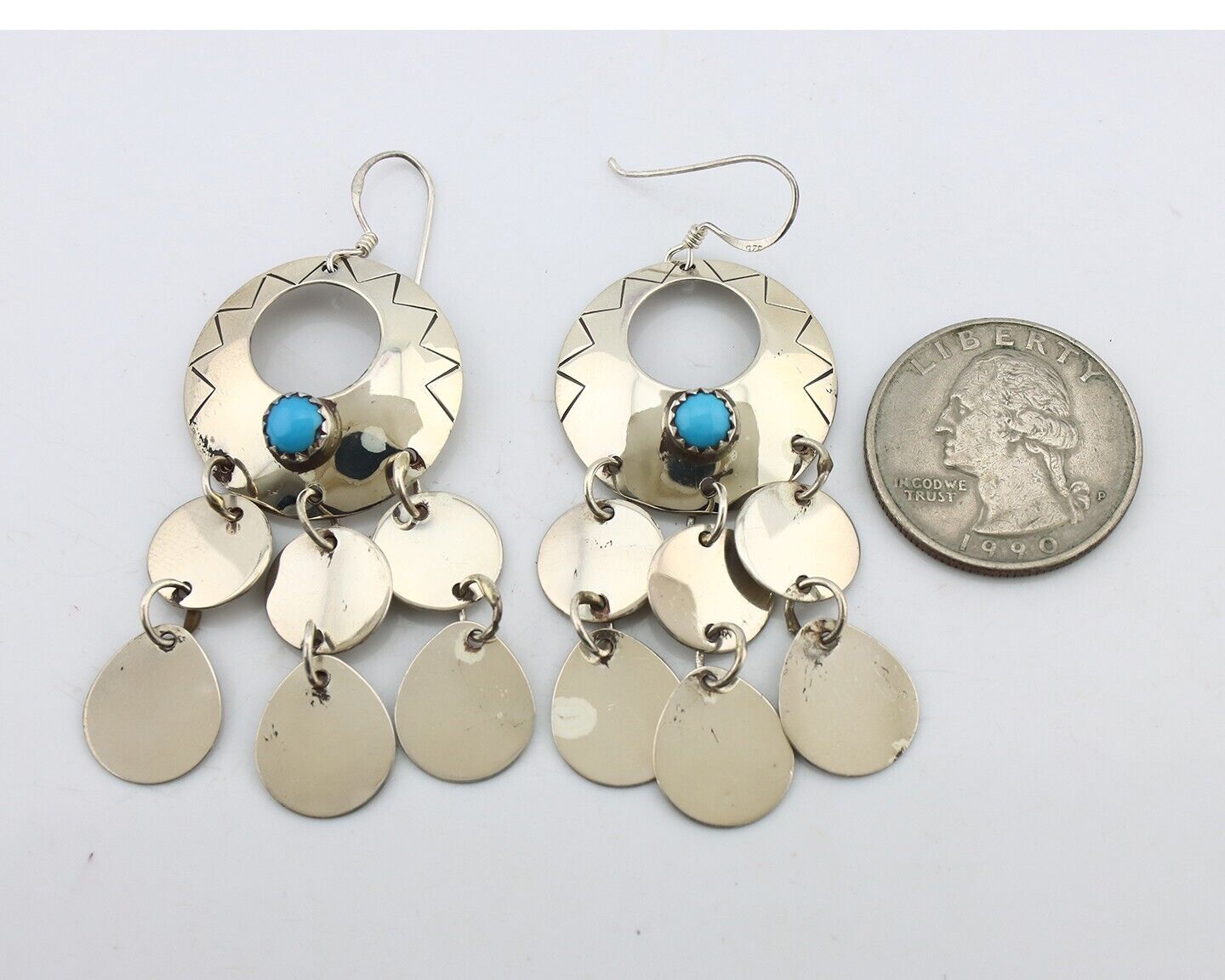 Navajo Dangle Handmade Earrings 925 Silver Blue Turquoise Native Artist C.80's