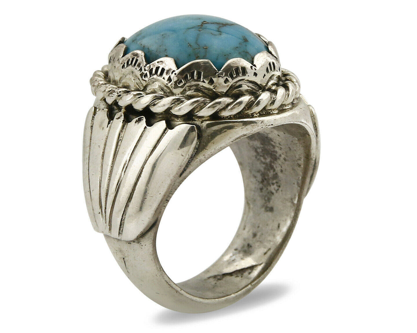 Navajo Ring .925 SOLID Silver Kingman Turquoise Signed Artist TeePee C.80's