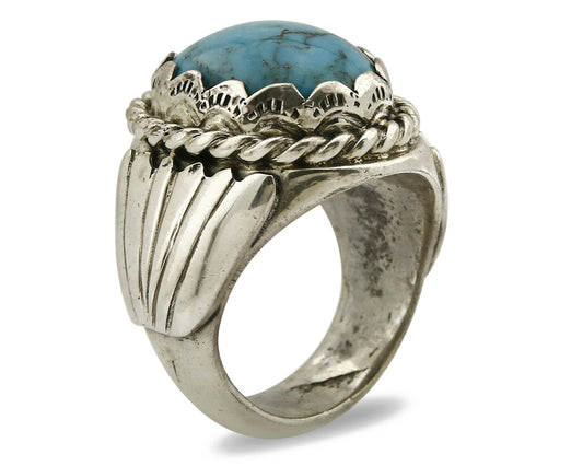 Navajo Ring .925 SOLID Silver Kingman Turquoise Signed Artist TeePee C.80's