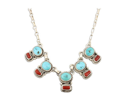 Navajo Necklace 925 Silver Natural Blue Turquoise & Coral Native American C80s