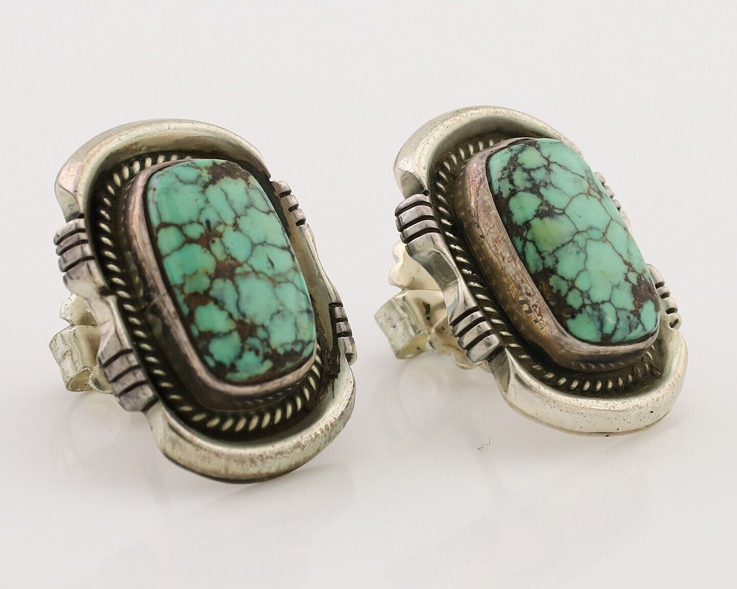 Navajo Earrings 925 Silver Spiderweb Mined Turquoise Artist Signed G C.80's