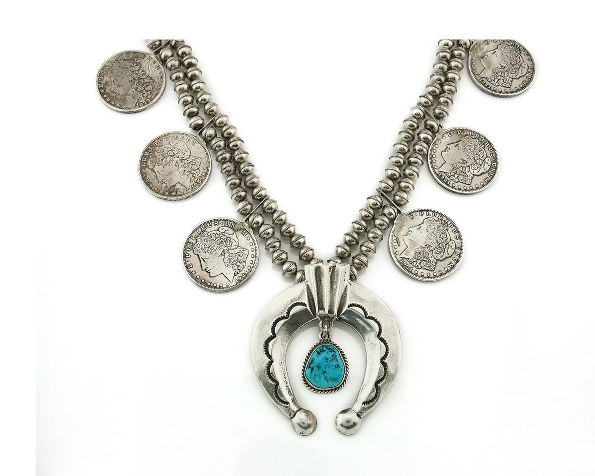 Navajo Morgan Dollar Necklace Turquoise Hand Stamped Vintage Signed M Montoya