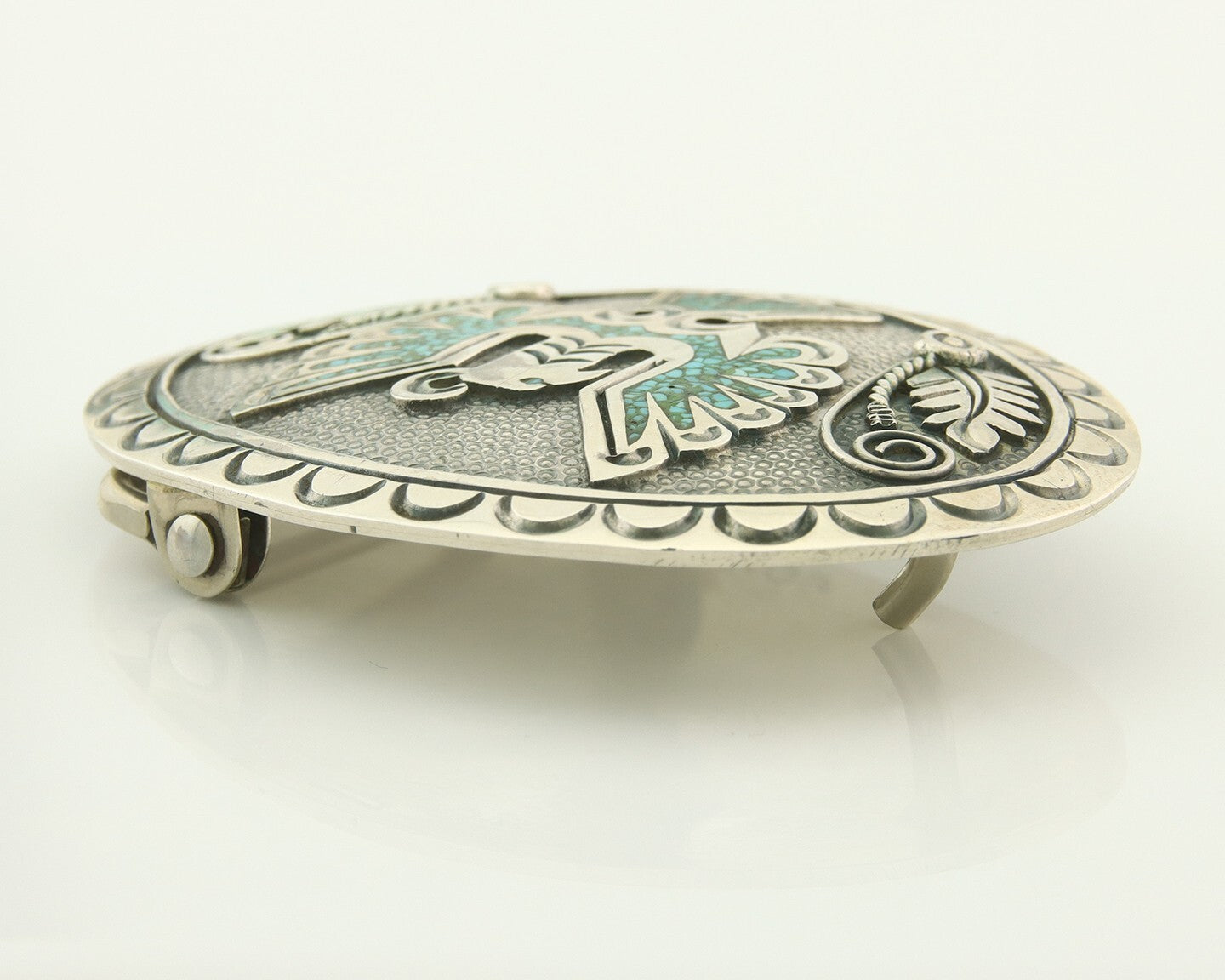 Vintage Navajo Belt Buckle 925 Silver Inlaid Eagle Turqouise Signed Stanley Bain