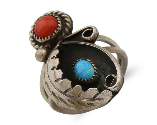 Navajo Handmade Ring 925 Silver Turquoise & Coral Native Artist C.80's