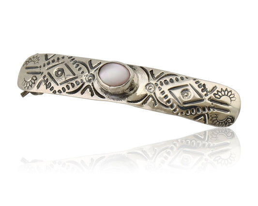 Women Navajo Hair Clip Barrette 925 Silver Natural Mother of Pearl Native Artist