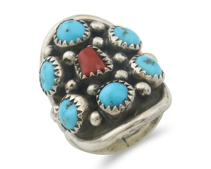 Navajo Ring 925 Sterling Natural Coral & Turquoise Signed EH C.80's Size 6.25