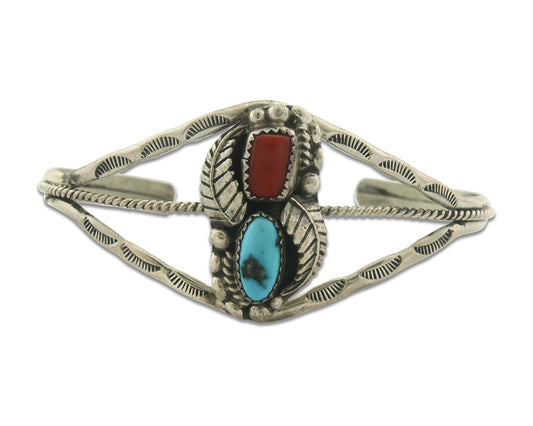 Vintage Navajo Bracelet 925 Silver Red Coral Turquoise Signed C