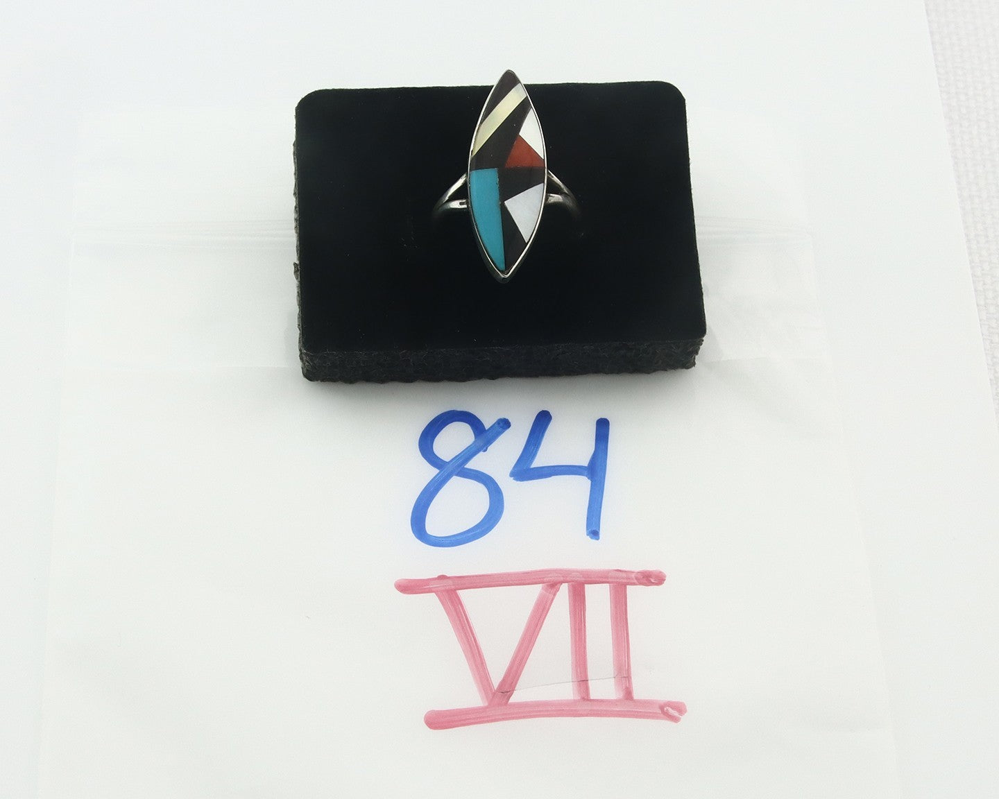 Vintage Zuni Ring 925 Sterling Silver Natural Gemstone Signed MK Size 7.5