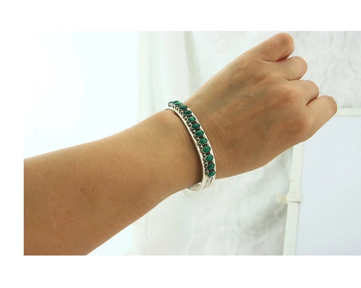 Navajo Cuff Bracelet Sterling Silver Malachite Vintage Signed L Blackgoat