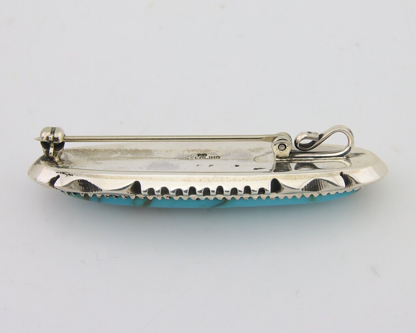 Navajo Pin Pendant 925 Silver Natural Blue Turquoise Artist Signed Running Bear