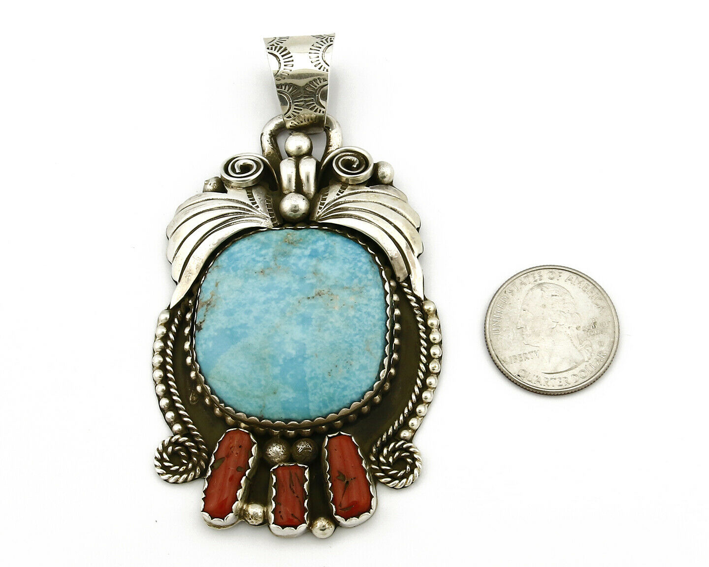 Navajo Natural Turquoise & Red Coral Pendant .925 Silver Signed Gomez C.2005