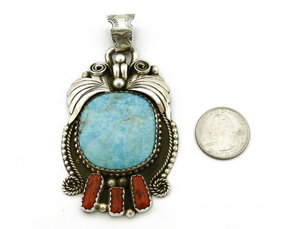 Navajo Natural Turquoise & Red Coral Pendant .925 Silver Signed Gomez C.2005