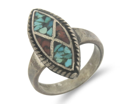 Navajo Ring 925 Sterling Natural Chip Inlay Coral & Turquoise C.80's Size 5.25