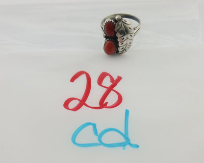 Navajo Handmade Ring 925 Silver Natural Mediterranean Coral Signed 88 C.80's