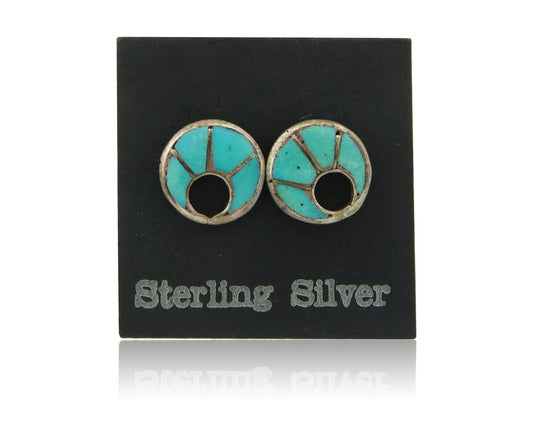 Zuni Earrings 925 Silver Inlaid Turquoise Native American Artist C.80's