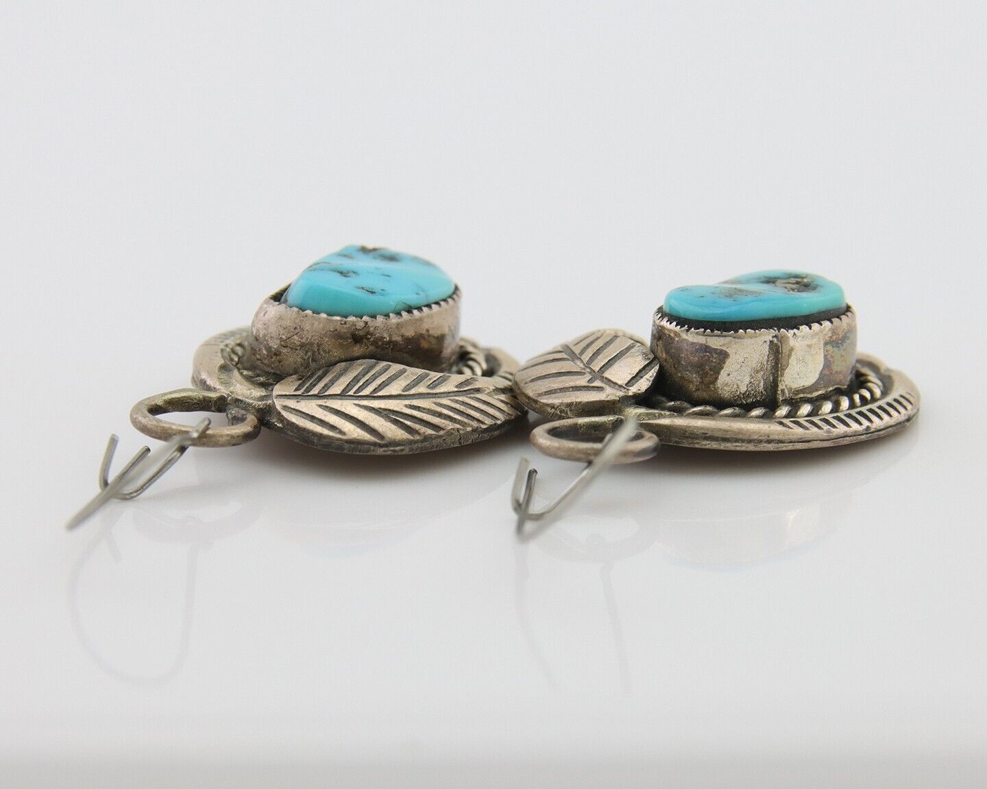 Navajo Dangle Earrings 925 Silver Morenci Turquoise Native Artist Signed JG C80s