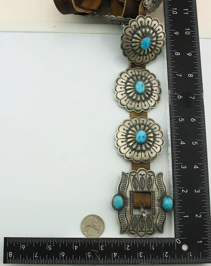 Navajo Concho Belt Sterling Silver Turquoise Vintage Signed H Morgan
