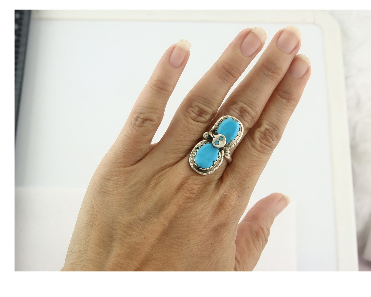 Vintage Zuni Ring 925 Sterling Silver Turquoise Signed Effie Calavasa Size 7.5
