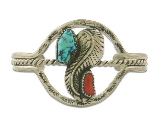 Vintage Navajo Bracelet 925 Silver Coral & Turquoise Native American Artist C80s