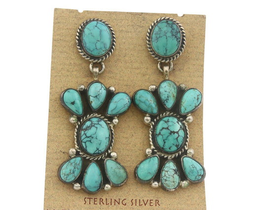 Navajo Earrings 925 Silver Handmade Natural Turquoise Signed Geneva JA C.80's