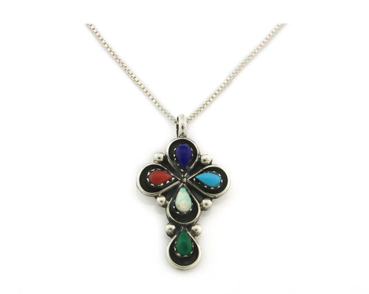 Navajo Cross Necklace Sterling Silver Natural Gemstones Artist Signed SL