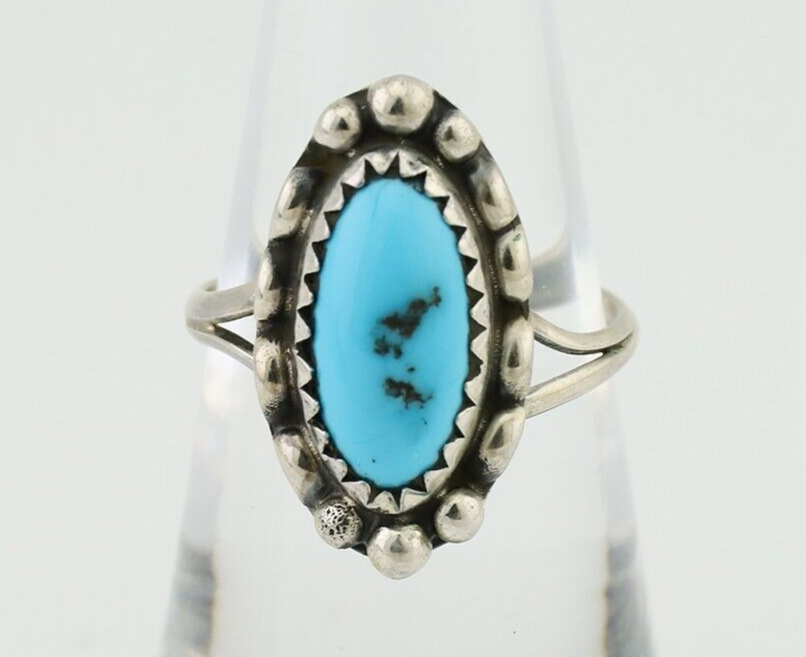 Navajo Ring 925 Silver Sleeping Beauty Turquoise Artist Signed SC C.80's