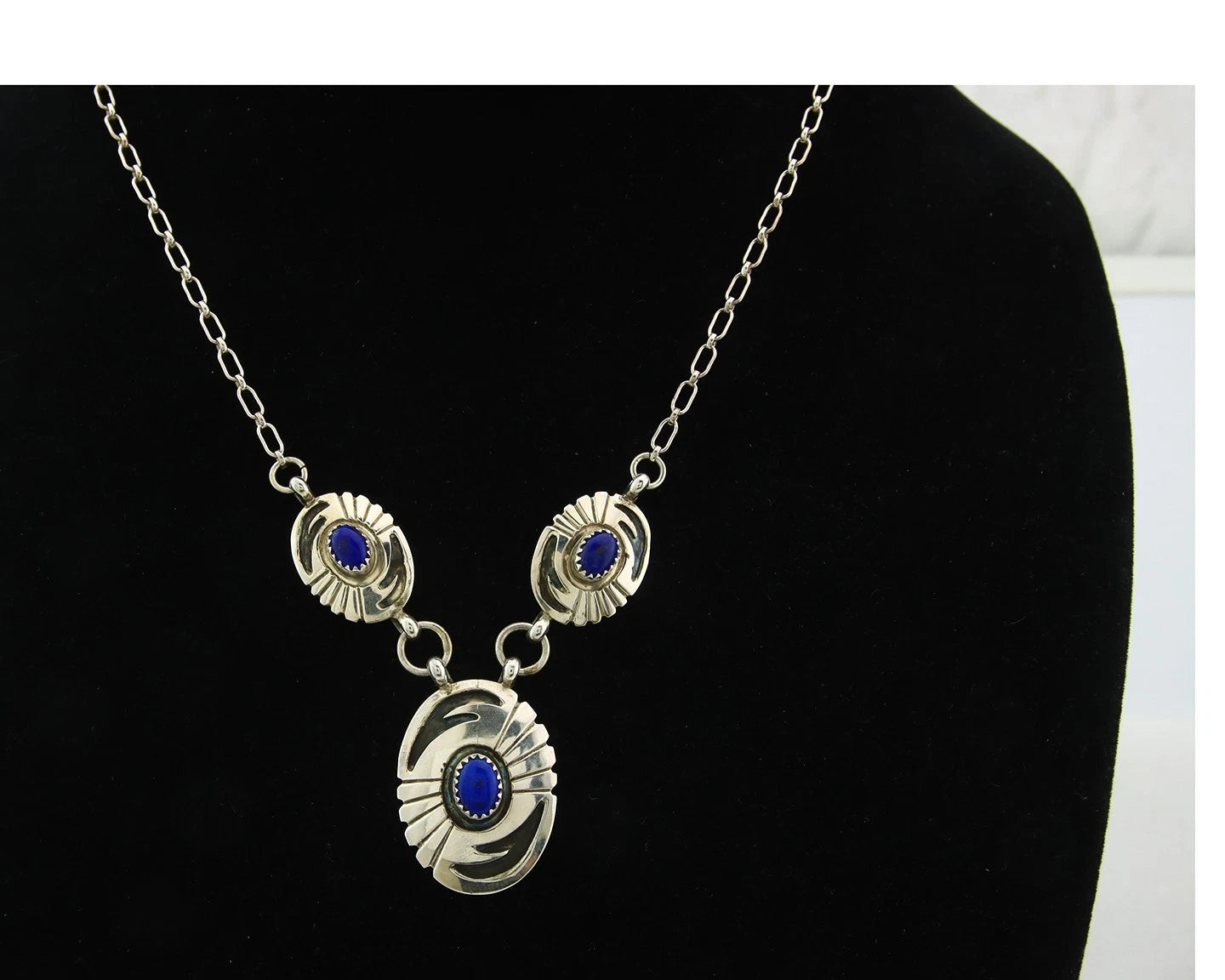 Navajo Necklace Earring Set Sterling Silver Natural Lapis Artist Signed LY