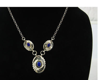 Navajo Necklace Earring Set Sterling Silver Natural Lapis Artist Signed LY