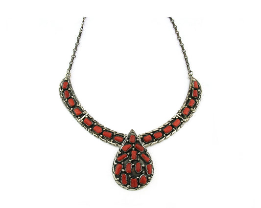 Navajo Necklace 925 Sterling Silver Natural Coral Vintage Signed Tom Yazzie
