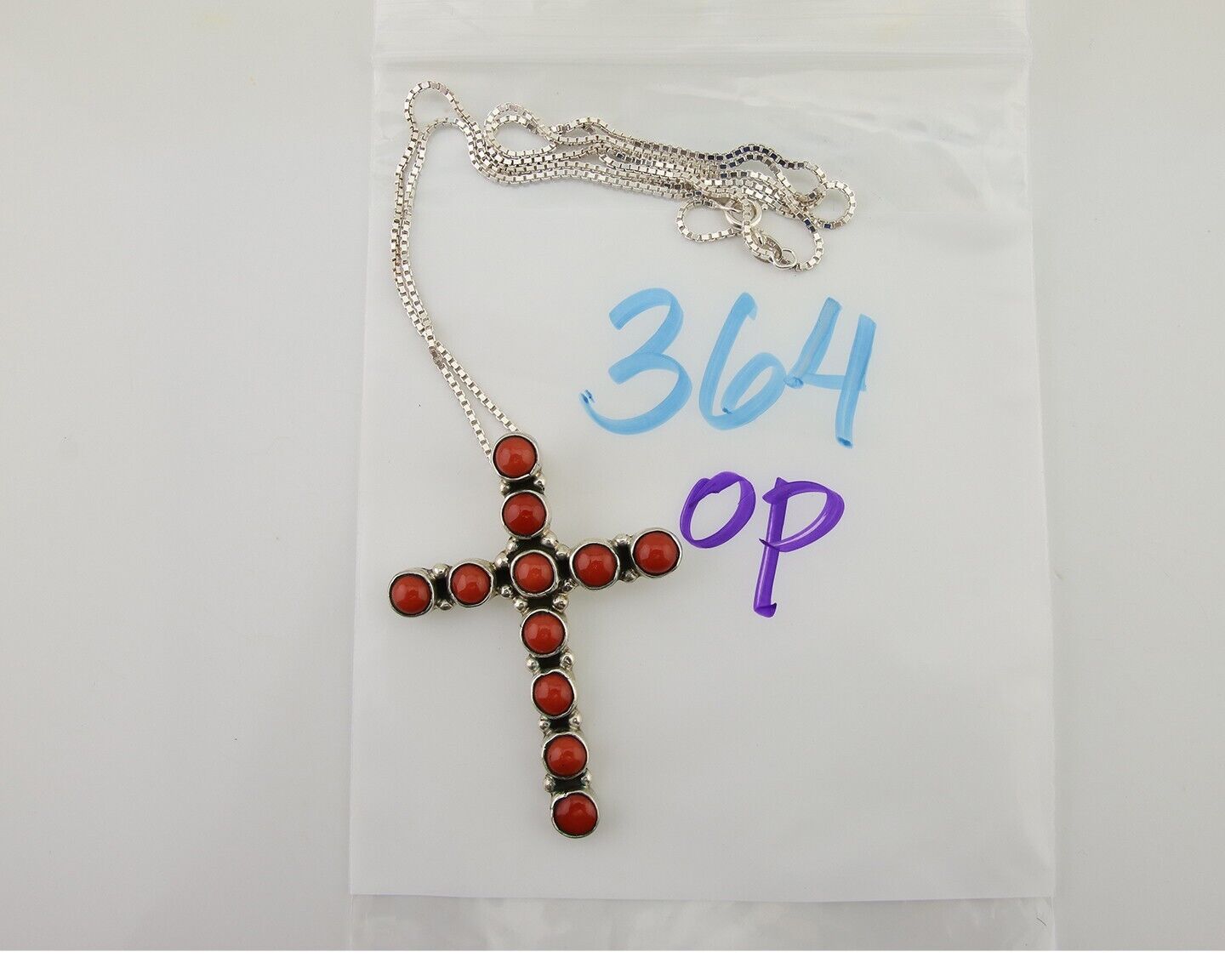 Navajo Cross Necklace 925 Silver Mediterranean Coral Signed Benjamin Piaso C.80s