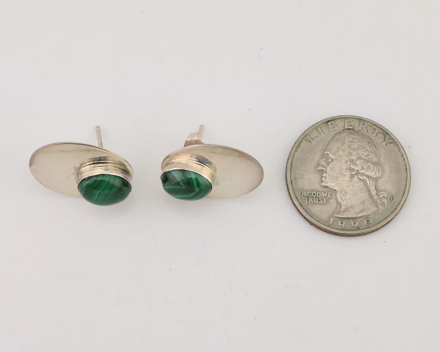 Navajo Shield Earrings 925 Silver Natural Malachite Signed Ella Peters C.80's