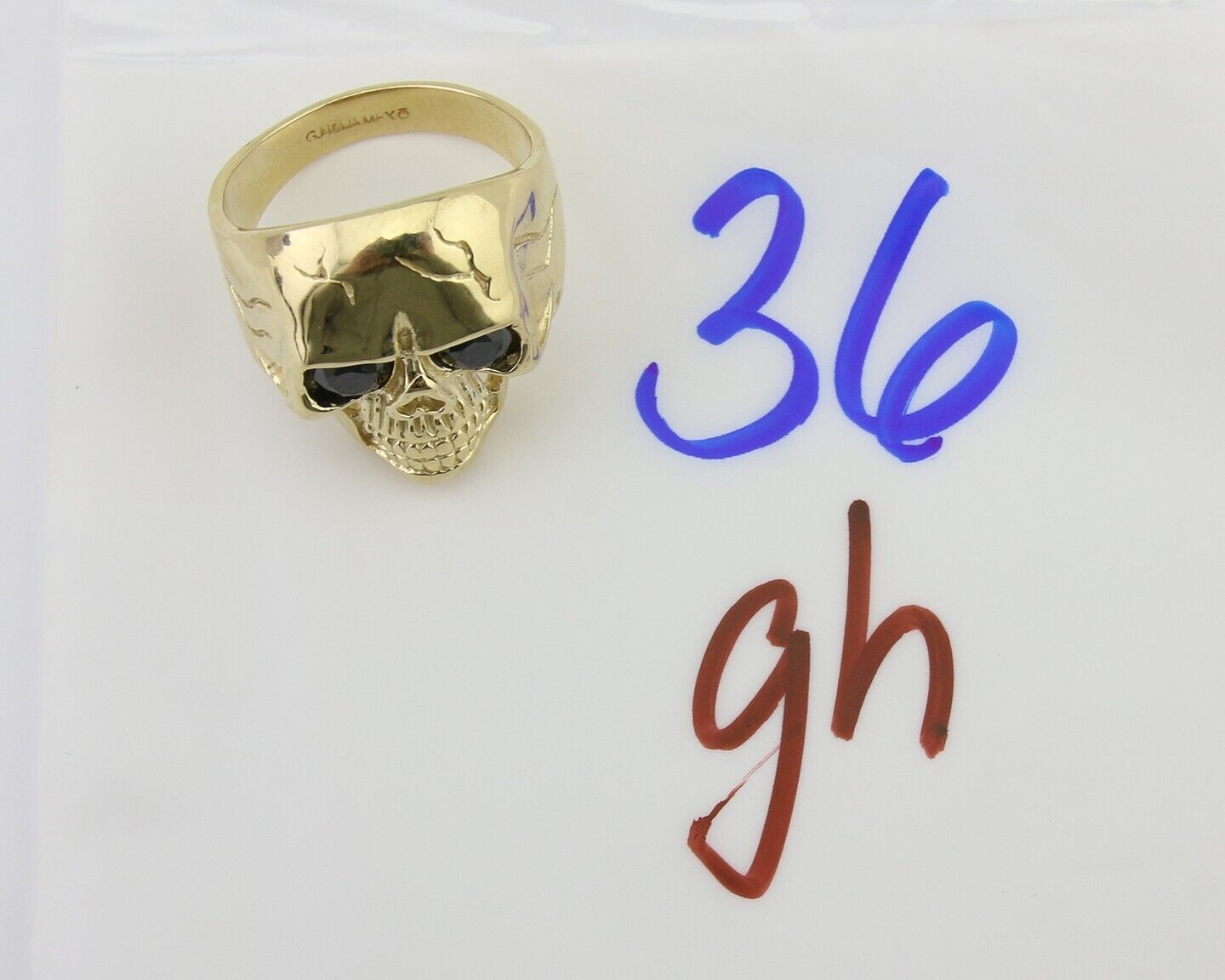 Men 14k SOLID Gold Skull Ring Lab Created Black Onyx Eyes Size 12