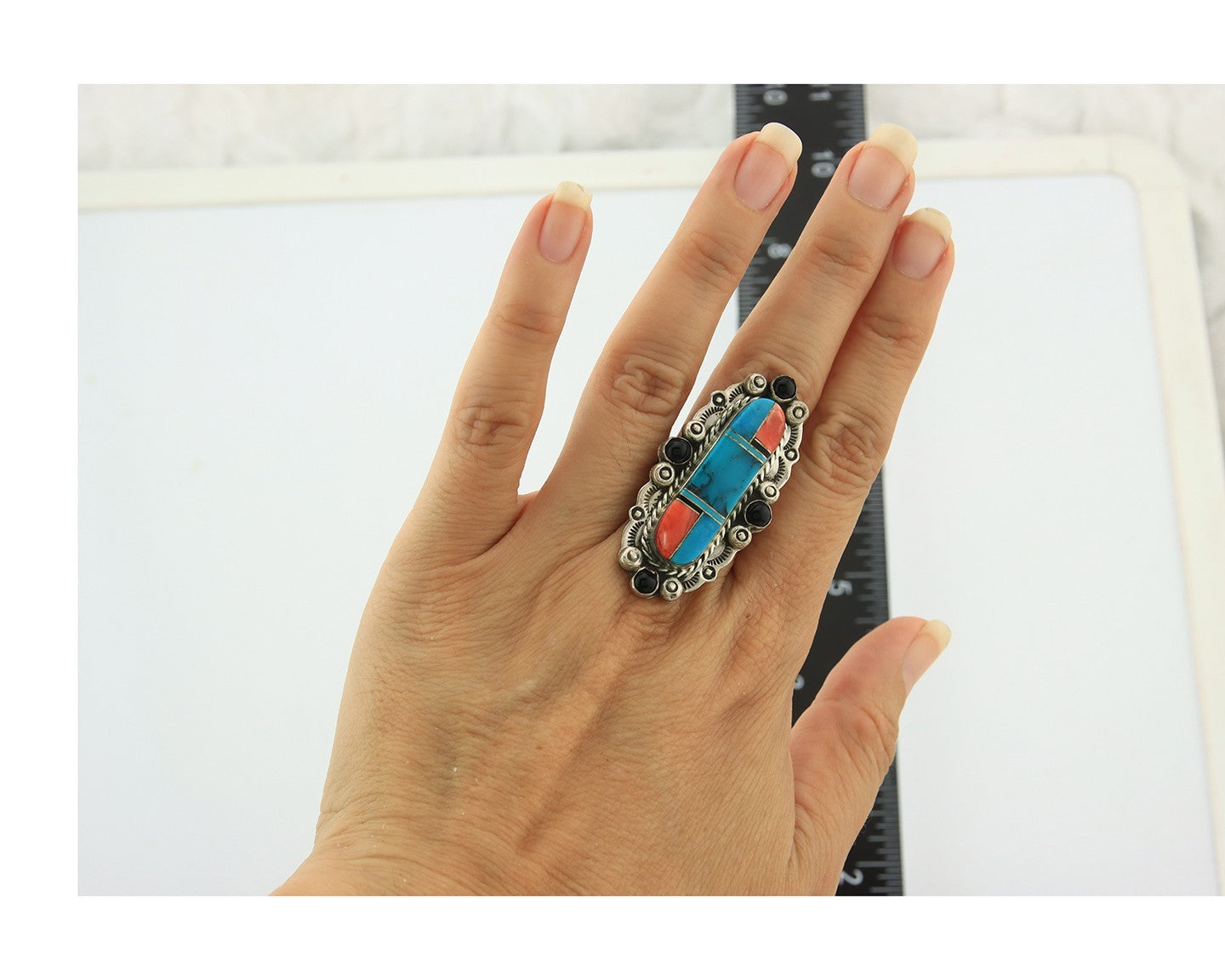Navajo Tiwa Ring Sterling Silver Gemstone Vintage Signed Francis Size 8.25