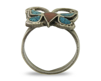 Navajo Handmade Butterfly Ring 925 Silver Coral & Turquoise Native Artist C.80's