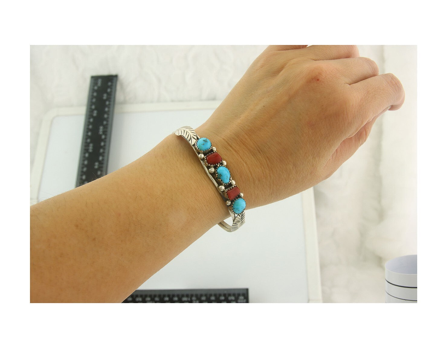 Navajo Bracelet 925 Silver Coral & Turquoise Cuff Signed D C.80's